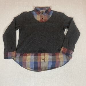 DJT Faux Layered Sweater Plaid Shirt Top Women XL Preppy Academia